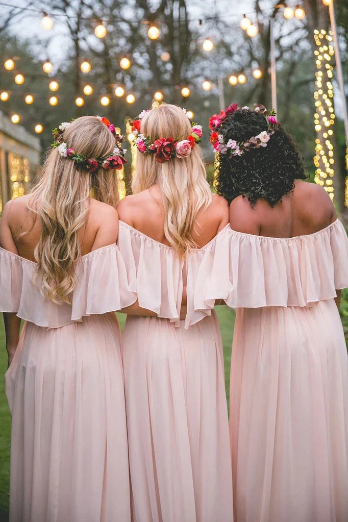 Wedding Dress For Guest/Off-the-shoulder Pastel Pink Ruffles Long Chiffon Bridesmaid Gowns Floor-length Prom Dresses/Formal Wear Dresses