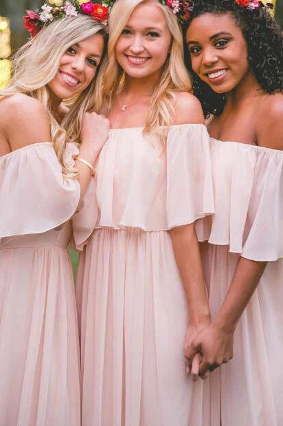 Wedding Dress For Guest/Off-the-shoulder Pastel Pink Ruffles Long Chiffon Bridesmaid Gowns Floor-length Prom Dresses/Formal Wear Dresses