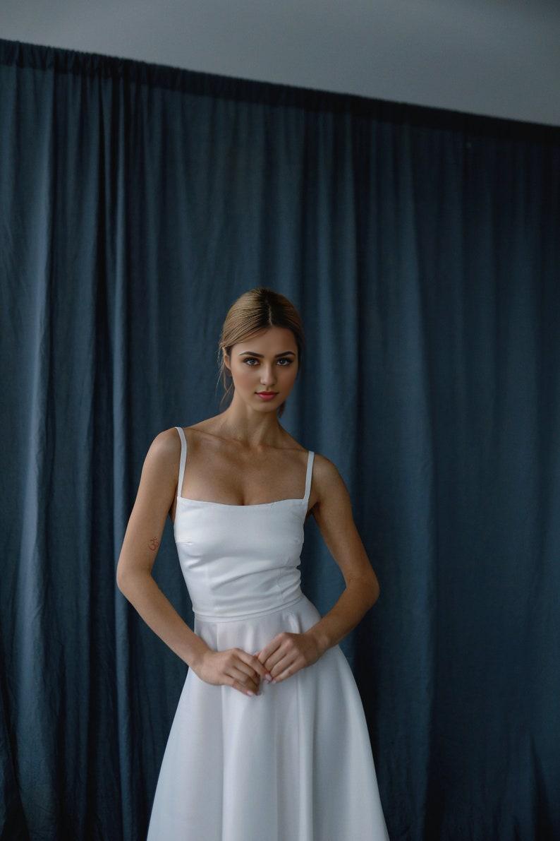 Reception Satin Dress Midi With A Spaghetti Straps And Sguare Neckline Bridal Topper  A-line Skirt  Wedding Guest Courthouse Dress