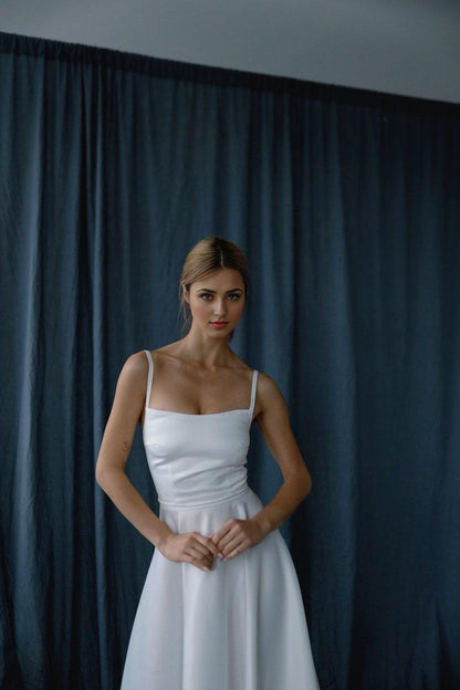 Reception Satin Dress Midi With A Spaghetti Straps And Sguare Neckline Bridal Topper  A-line Skirt  Wedding Guest Courthouse Dress