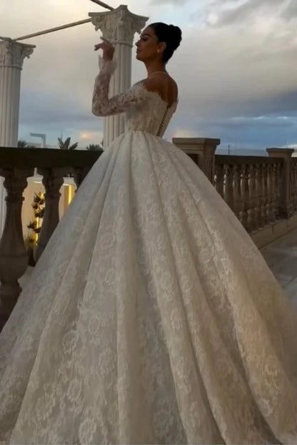 Long Sleeves Off-the-Shoulder Wedding Dress with Lace