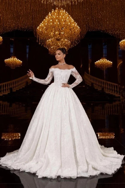 Long Sleeves Off-the-Shoulder Wedding Dress with Lace