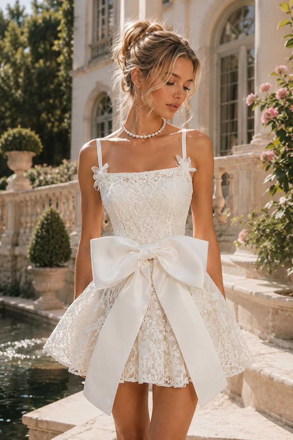 White Lace Bow Spaghetti Strap Homecoming Dress with Flare Mini Skirt