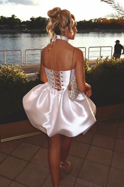 White Satin Strapless Corset Bubble Homecoming Mini Dress