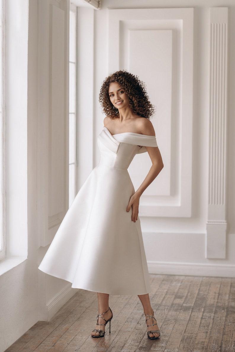 Wedding Dress Minimalist Satin Bridal Gown Tea Length Cocktail Or Prom Dress