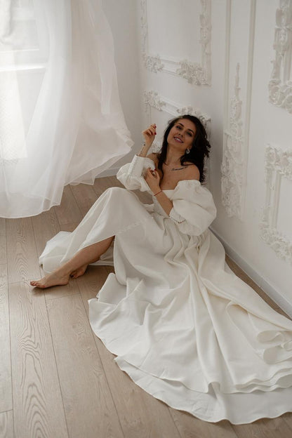 Off White Wedding Dress Simple Elopement Dress Corset Dress With Sleeves Satin Wedding Gown
