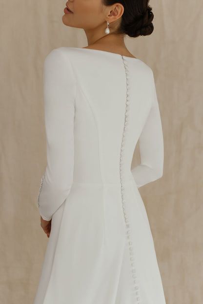 Long sleeve and high back crepe wedding dress Simple winter bridal gown reception dress modern wedding dress