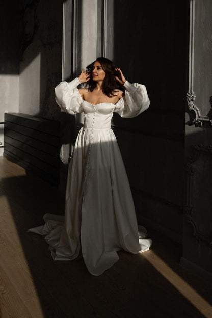Off White Wedding Dress Simple Elopement Dress Corset Dress With Sleeves Satin Wedding Gown