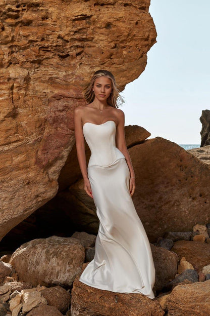 Two Piece Wedding Coret Dress White Satin Corset and Maxi Skirt Corset Bustier Top and Long Perl Skirt