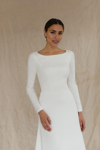 Long sleeve and high back crepe wedding dress Simple winter bridal gown reception dress modern wedding dress
