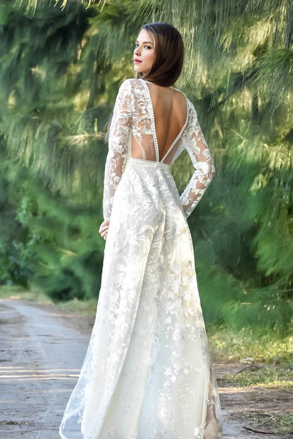 Long Sleeve Bohemian Wedding Dress with V Neckline A Line Wedding Dress Boho Wedding Gown with Embroidered Lace Lace Boho Dress