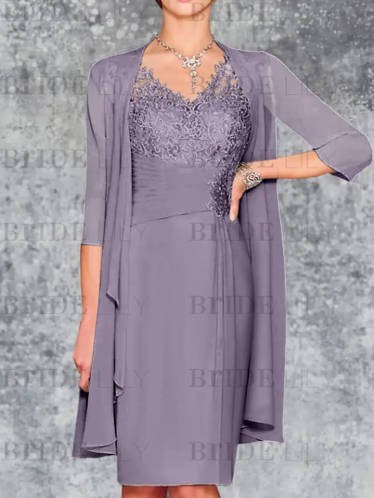 Two Piece Ruffle Chiffon Mother of the Bride Outfit Lace Short Wedding Guest Dress