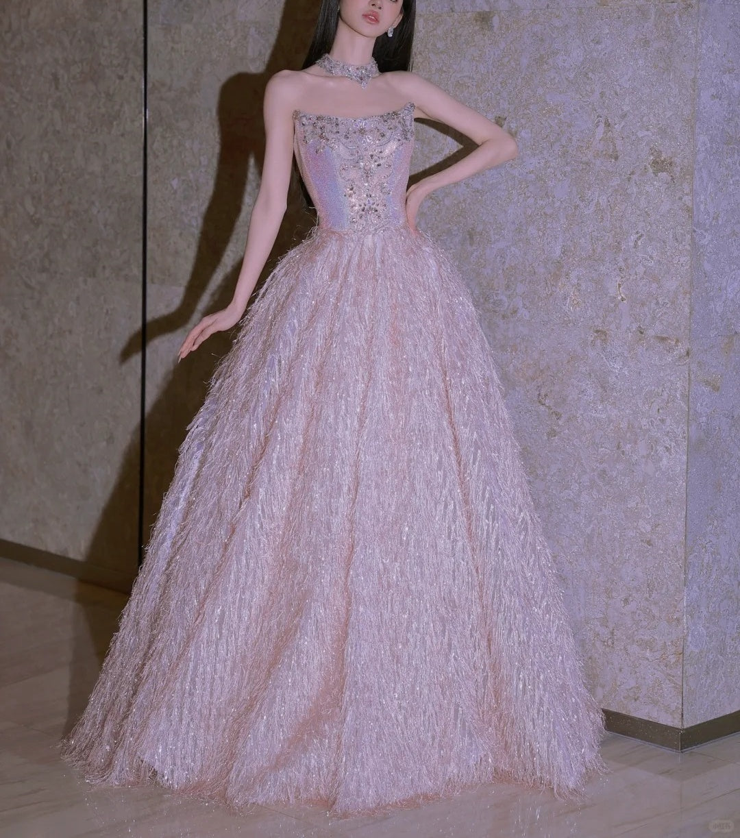 Girlhomeshops-Pink Fashion Beaded Elegant Long Tulle Ball Gown Evening Dress gh5074