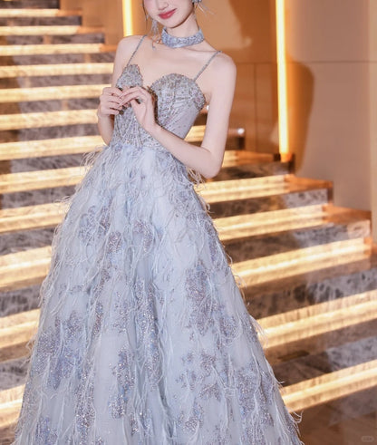 Girlhomeshops-Blue fashion beaded elegant long tulle ball gown evening dress gh5075