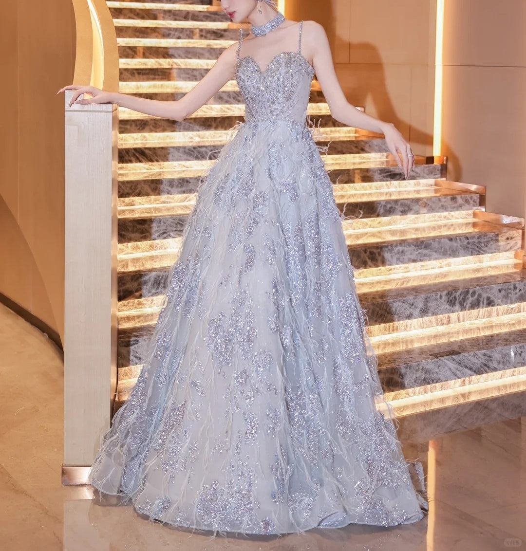 Girlhomeshops-Blue fashion beaded elegant long tulle ball gown evening dress gh5075