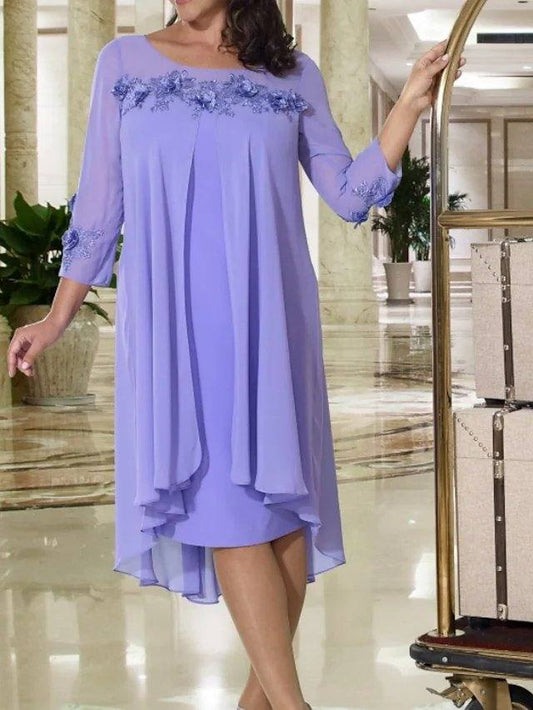 Two Piece A-Line Mother of the Bride Dress Elegant Jewel Neck Knee Length Chiffon 3/4 Length Sleeve with Pleats Appliques - RongMoon