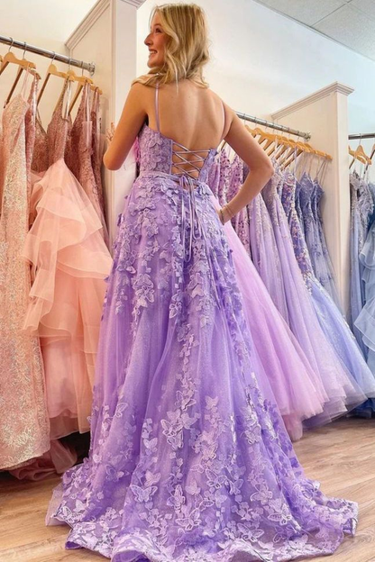 Spaghetti Straps Tulle Lace Appliques Evening Dress Lavender A Line Prom Party Dress  cc2451