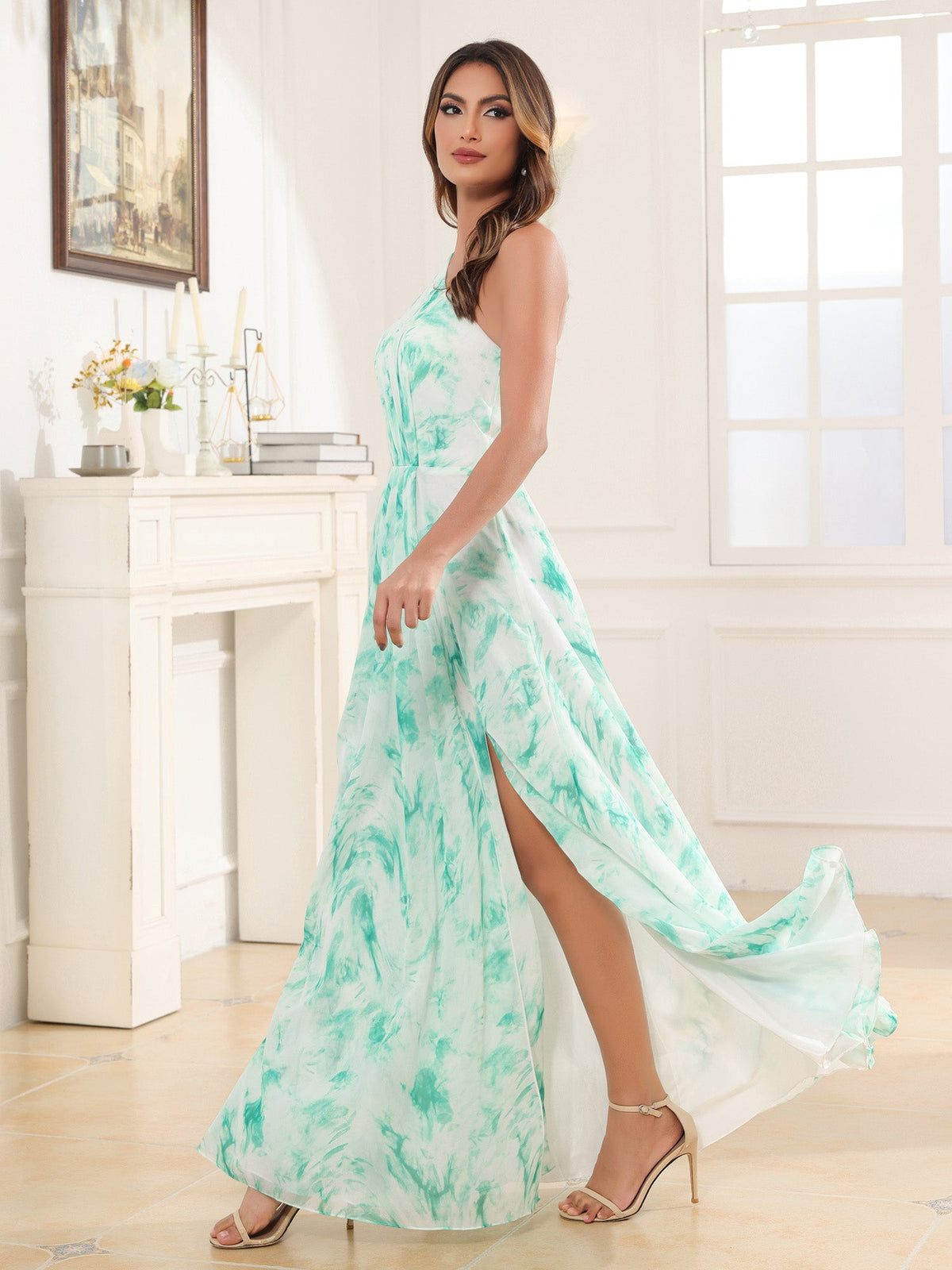 One-Shoulder Chiffon Max Dresses with Slit Mint Marble