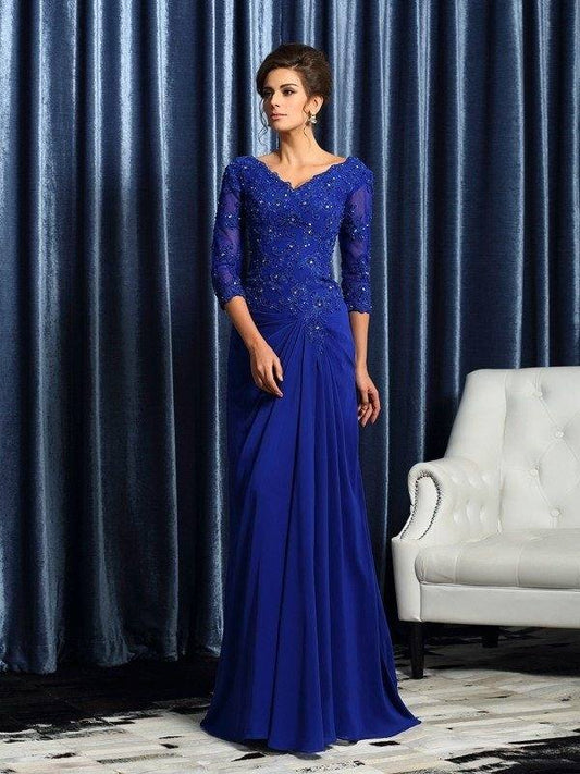 A-Line/Princess V-neck Applique 3/4 Sleeves Long Chiffon Mother of the Bride Dresses - RongMoon