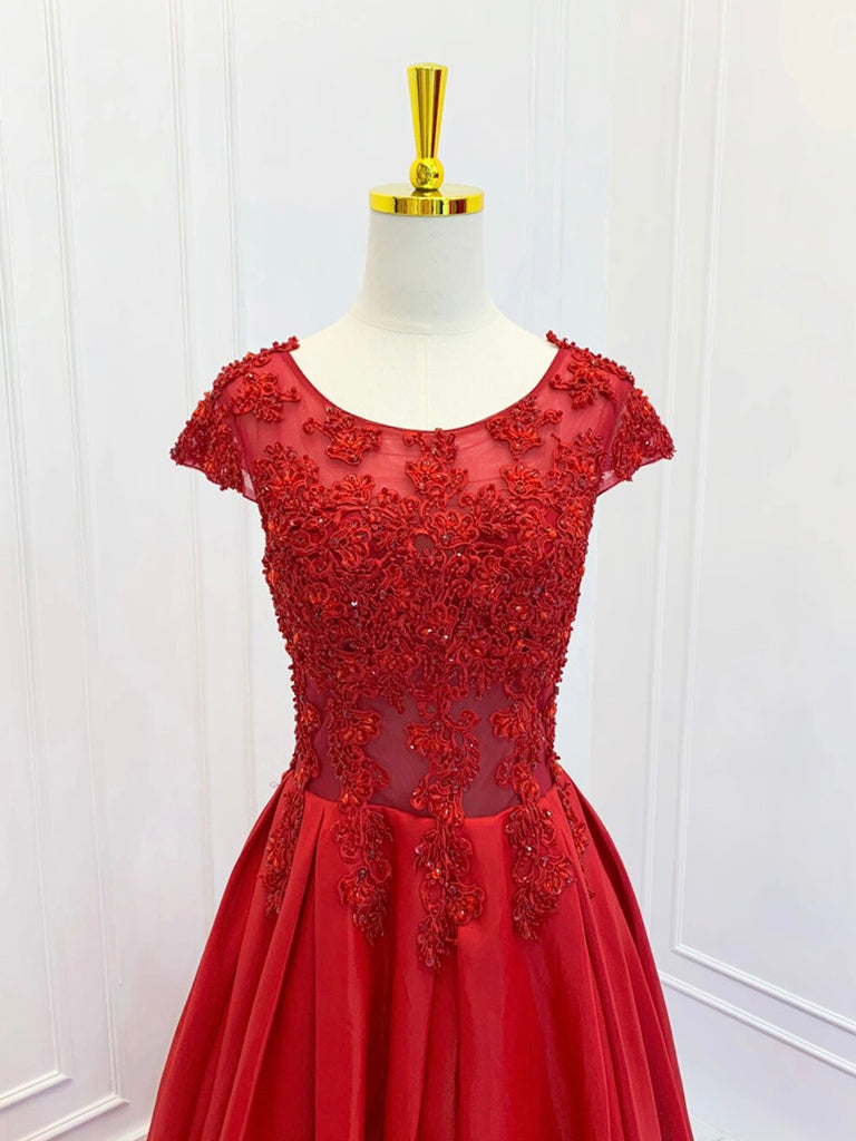 A-Line Scoop Neckline Satin Lace Burgundy Long Prom Dress Formal Dress Short Sleeves december wedding guest dress