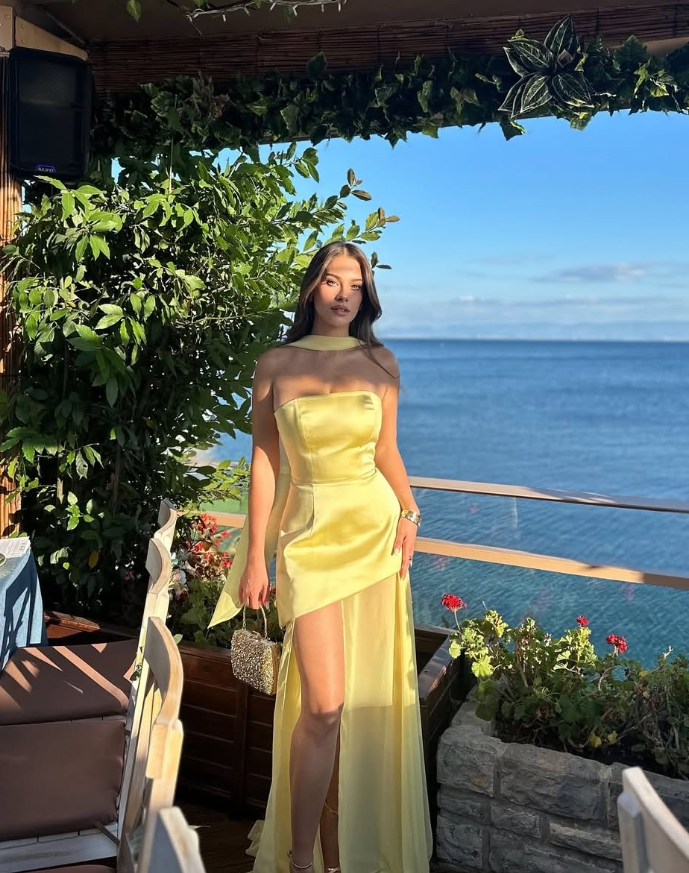 Yellow A Line Casual Prom Dresses Chiffon Wedding Guest Dress with Slit