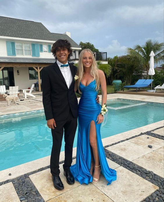 Elegant Blue V Neck Prom Dress With Split,Blue Ball Dresses