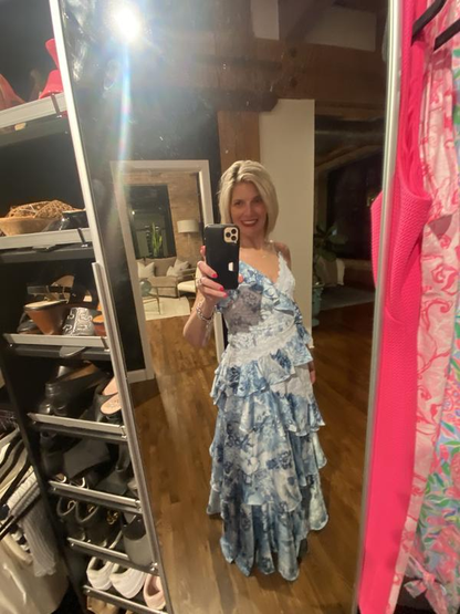 Vintage Blue Satin Print Tiered Ruffles A Line party Dress,Spaghetti Straps Prom Evening Dress cc2894
