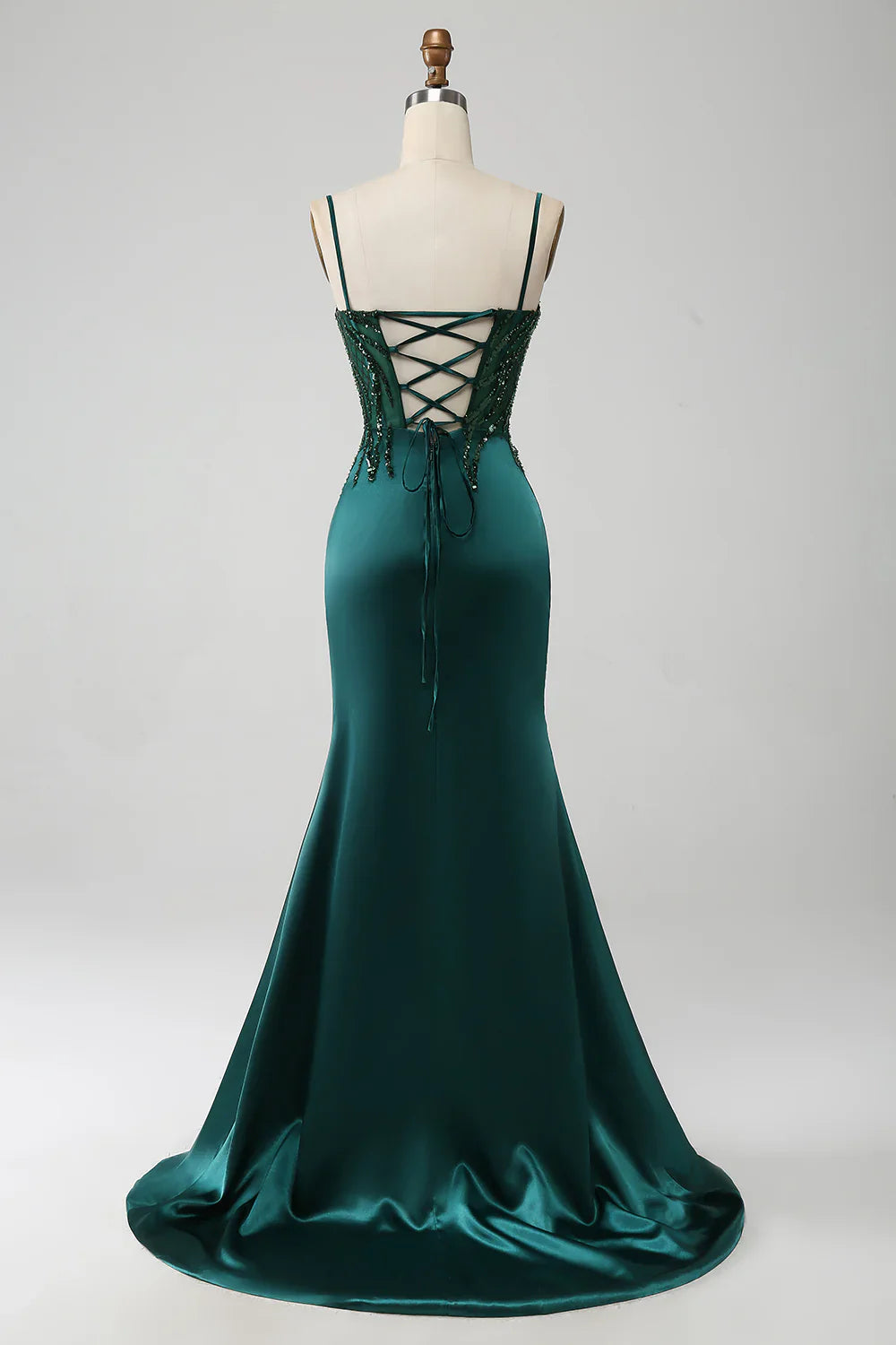 Aimishang Sparkly Dark Green Mermaid Sequin Pleated Corset Prom Dress With Slit