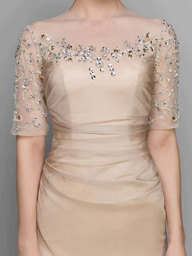 A-Line Mother of the Bride Dress Vintage Inspired Jewel Neck Ankle Length Chiffon Half Sleeve with Ruched Beading