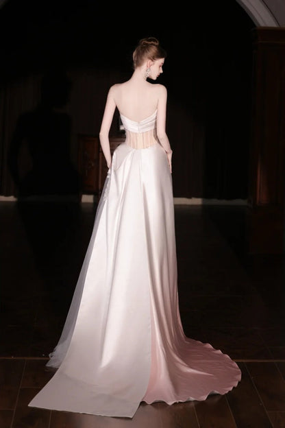 Pink gradient satin lace long tulle wedding dress gh6847