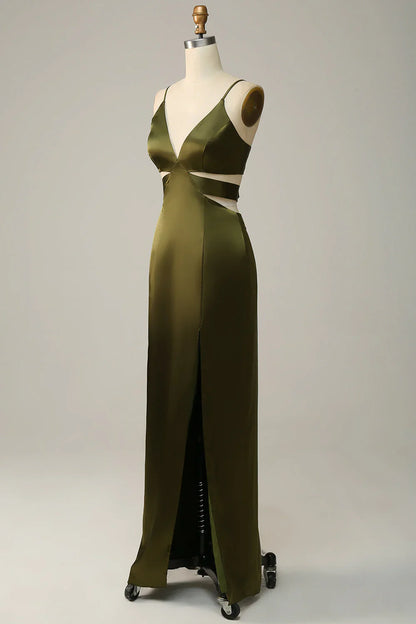Thin shoulder strap cut olive long slit bridesmaid dress