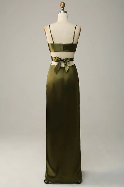 Thin shoulder strap cut olive long slit bridesmaid dress