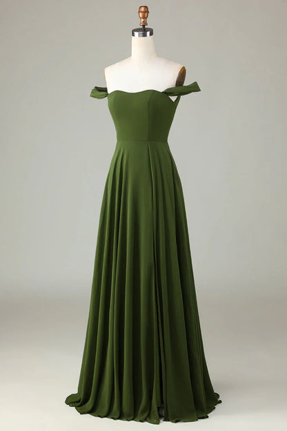 A-shaped slit off shoulder olive bridesmaid dress