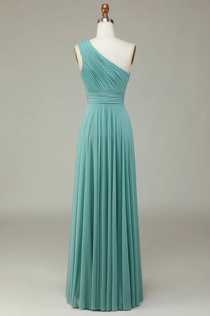 A-shaped one shoulder sea glass long bridesmaid dress