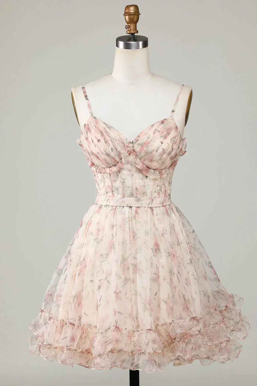 Charming Champagne Corset Floral Design A-line Spaghetti Strap Homecoming Dress HZ1024
