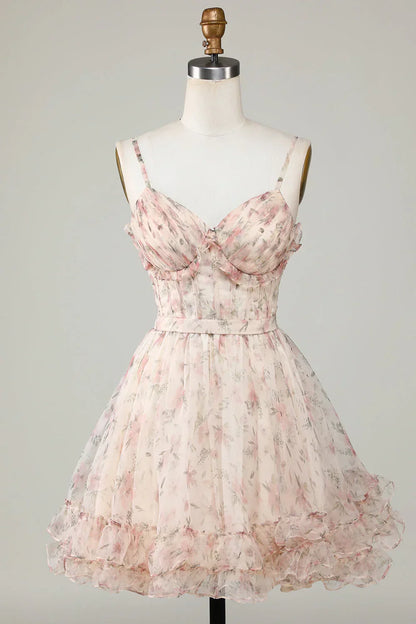Charming Champagne Corset Floral Design A-line Spaghetti Strap Homecoming Dress HZ1024