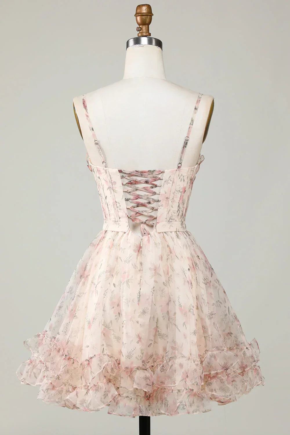 Charming Champagne Corset Floral Design A-line Spaghetti Strap Homecoming Dress HZ1024