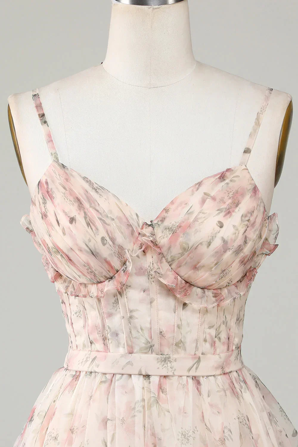 New Fashion Champagne Floral Design A-line Corset Spaghetti Strap Short Homecoming Dress HZ1024