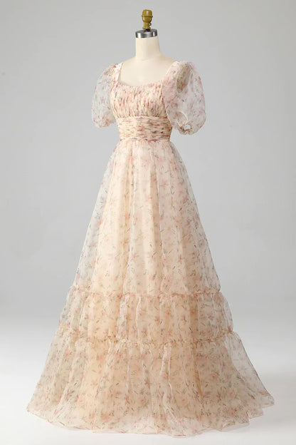 A-Line Prom Dress Square Neck Floor Length With Short Sleeves Elegant Evening Party Dress Formal Dress