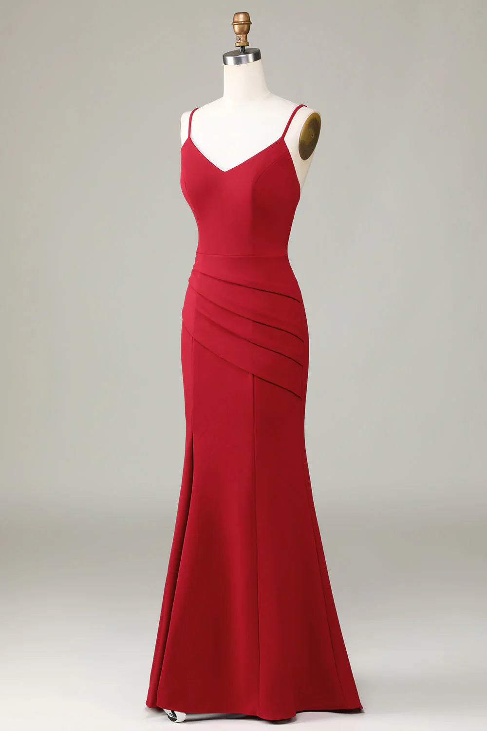 Thin shoulder strap slit sleeveless wine red bridesmaid dress