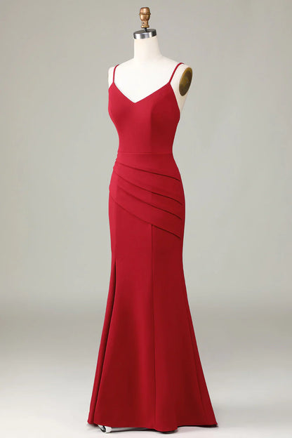 Thin shoulder strap slit sleeveless wine red bridesmaid dress