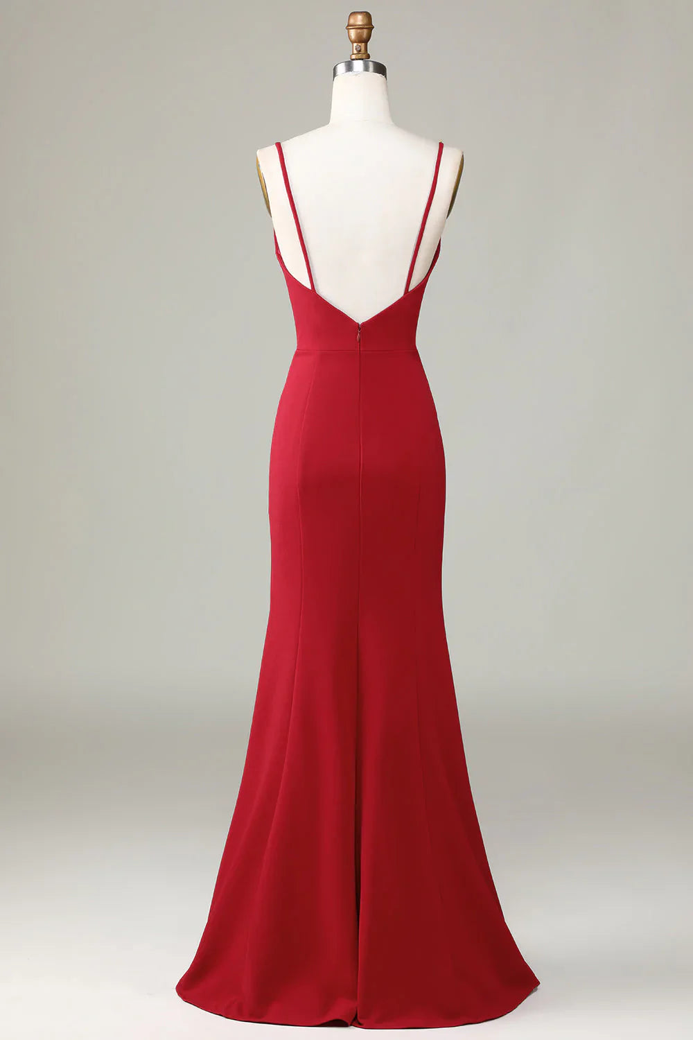 Thin shoulder strap slit sleeveless wine red bridesmaid dress
