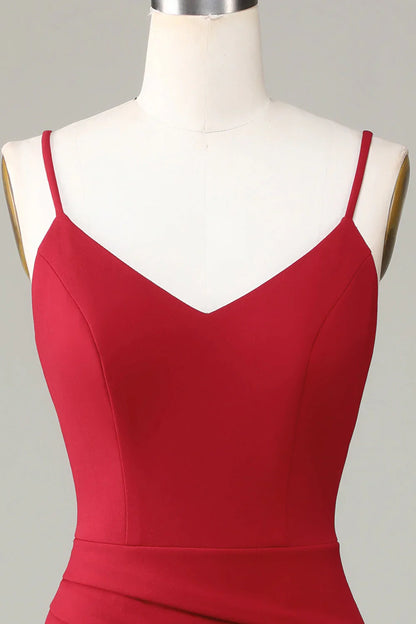 Thin shoulder strap slit sleeveless wine red bridesmaid dress