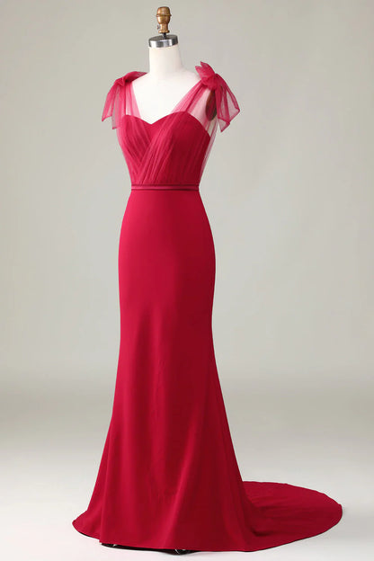 Bowtie fishtail satin wine red long bridesmaid dress