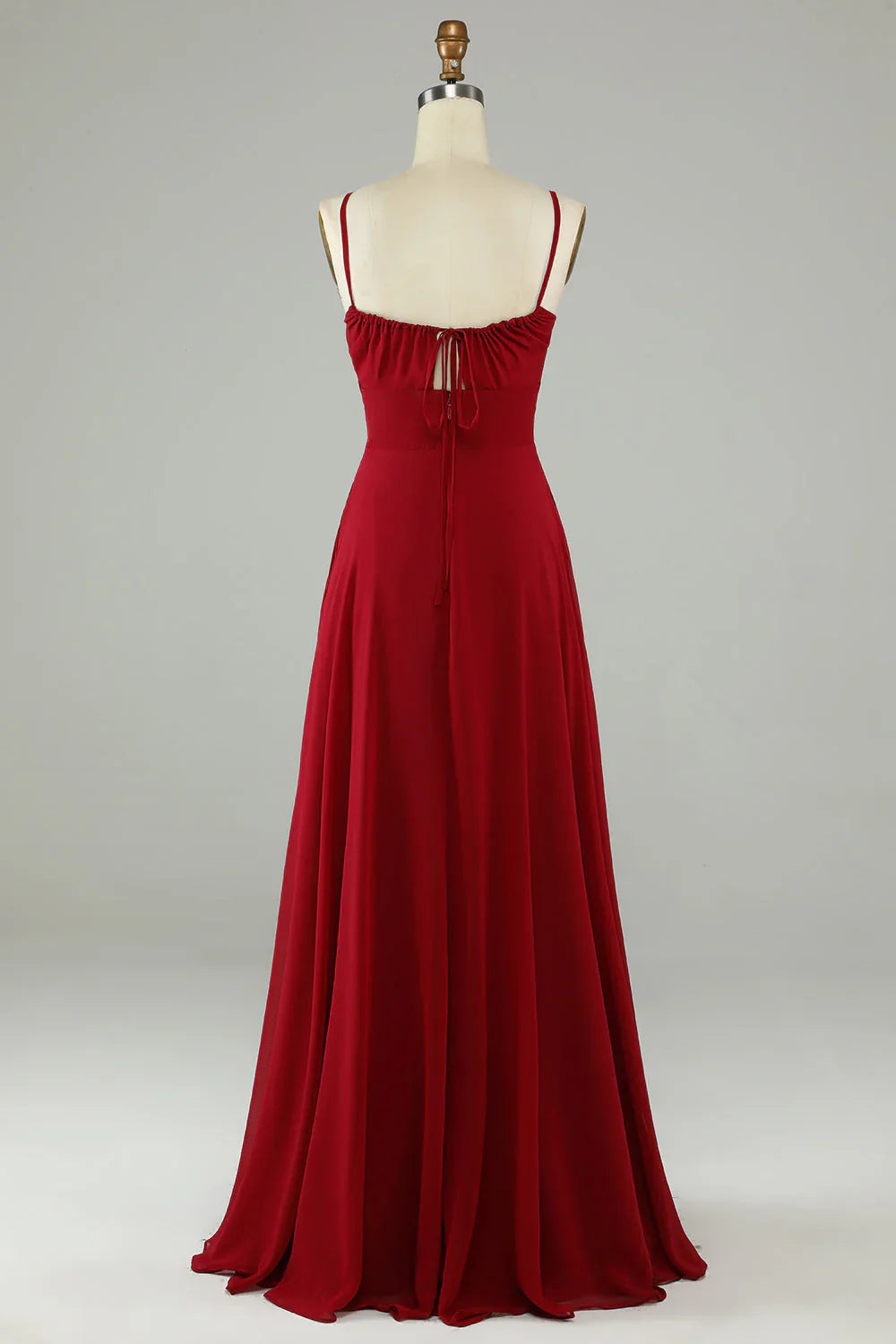 A-line thin shoulder strap wine red long bridesmaid dress