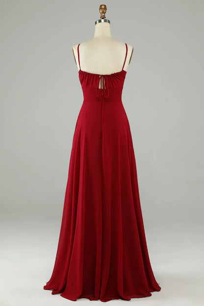 A-line thin shoulder strap wine red long bridesmaid dress