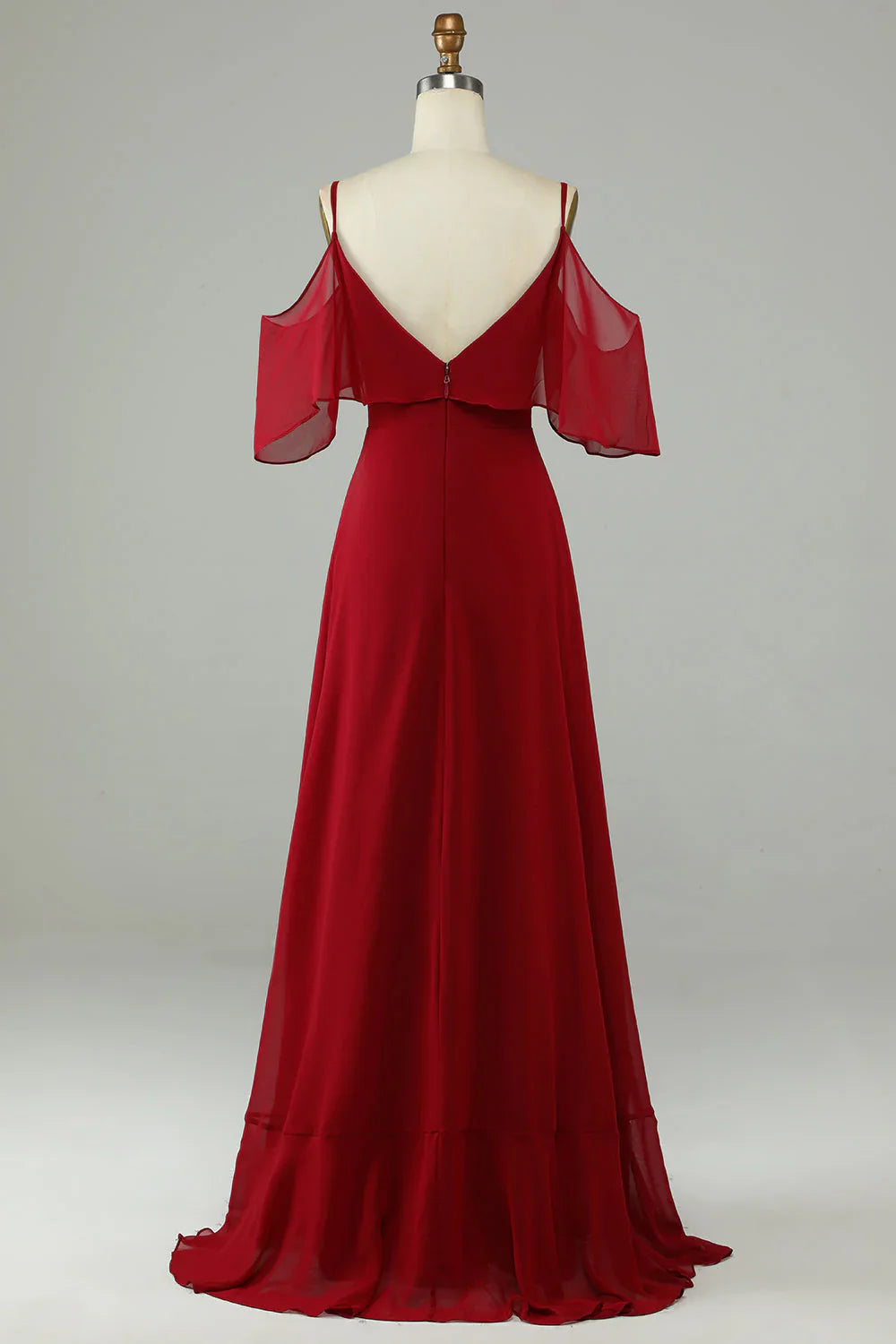 Asymmetric Ruffle Edge Cold Shoulder Wine Red Long Bridesmaid Dress