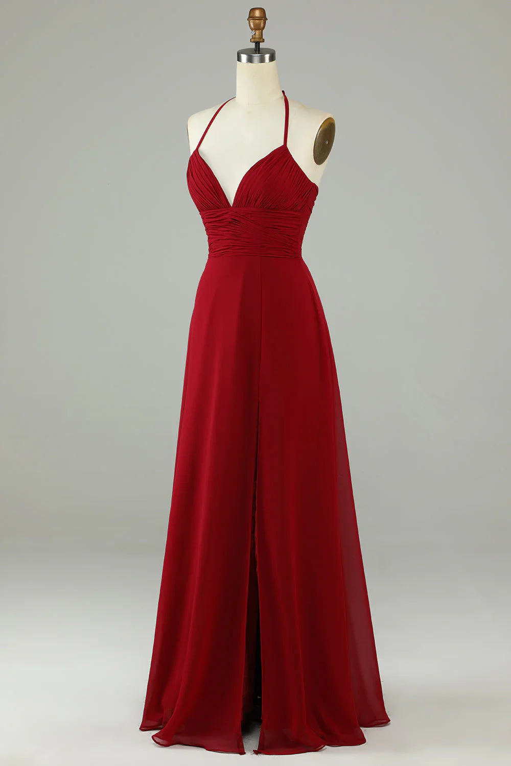 Split A-shaped neck wine red long bridesmaid dress