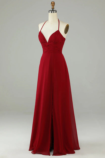 Split A-shaped neck wine red long bridesmaid dress