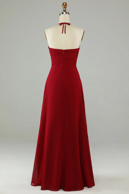 Split A-shaped neck wine red long bridesmaid dress